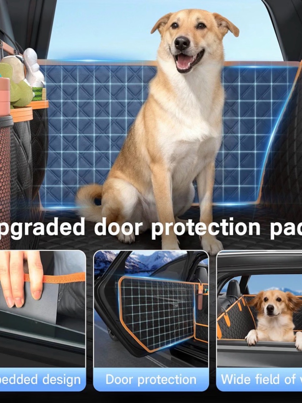 Car Back Seat Dog Barrier & Door Protector - Tan/White